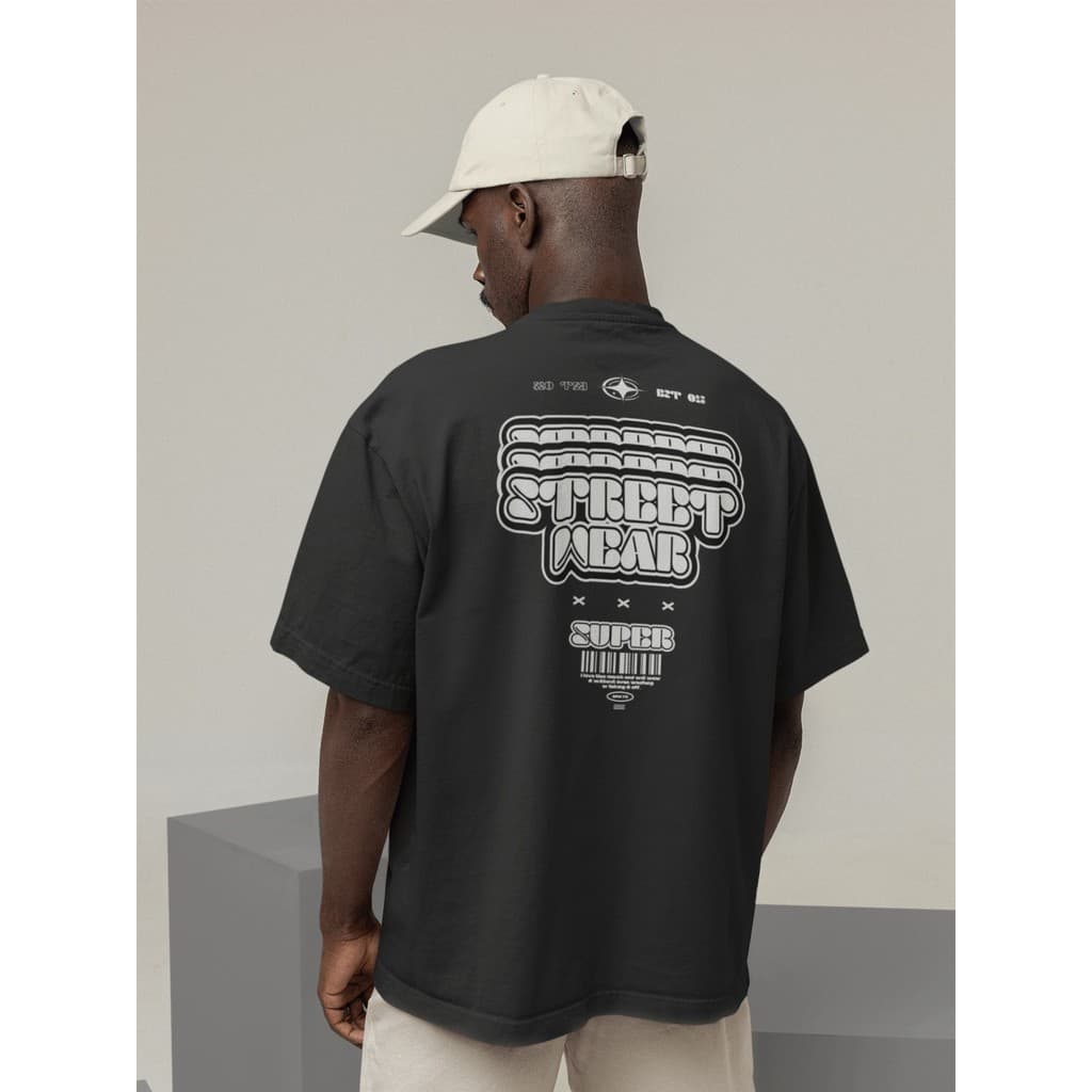 Camiseta Oversize Streetwear Masculino e Feminino 100% Algodão Treino e Dia a Dia Preto e Off Whte Estampado STREETWEAR