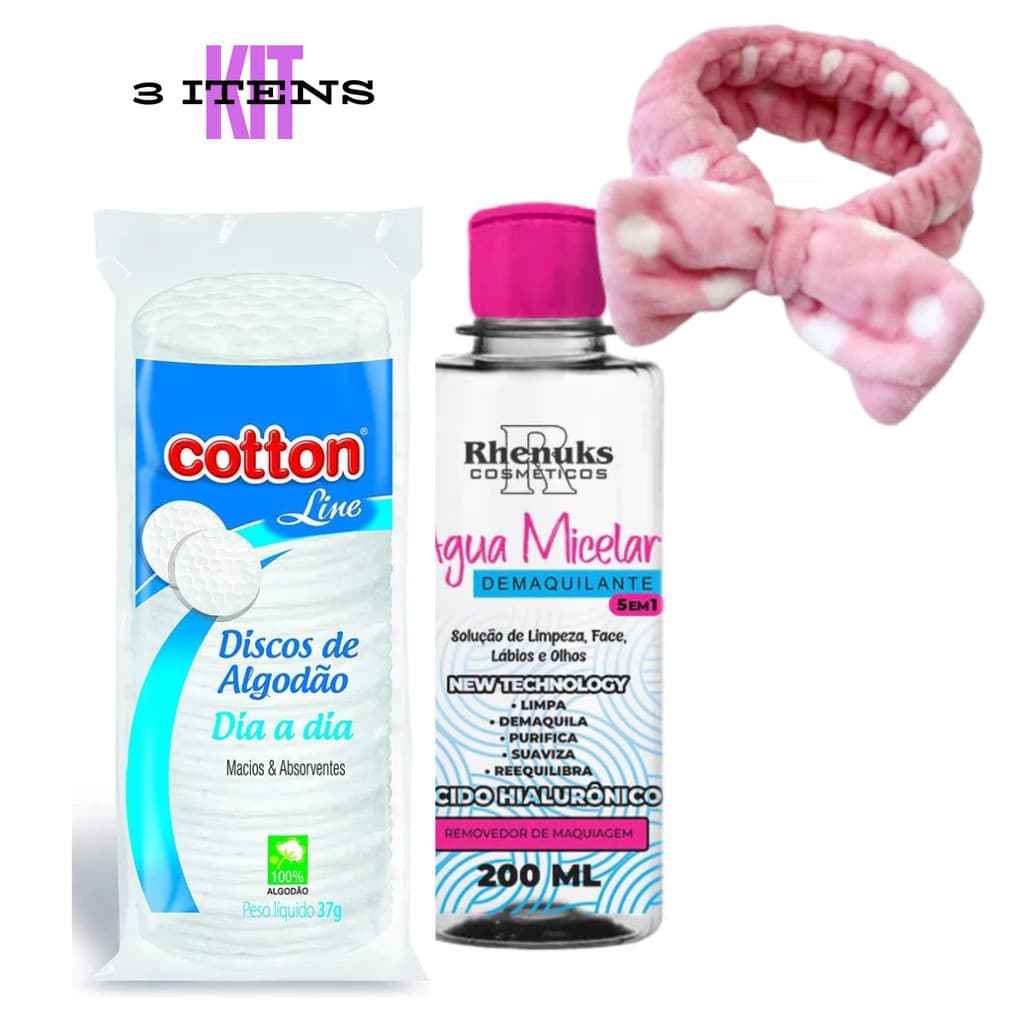 Kit Água Micelar Demaquilante 5 em 1 Limpa Rhenuks + Algodão Disco Cotton Line 37g + Faixa Make