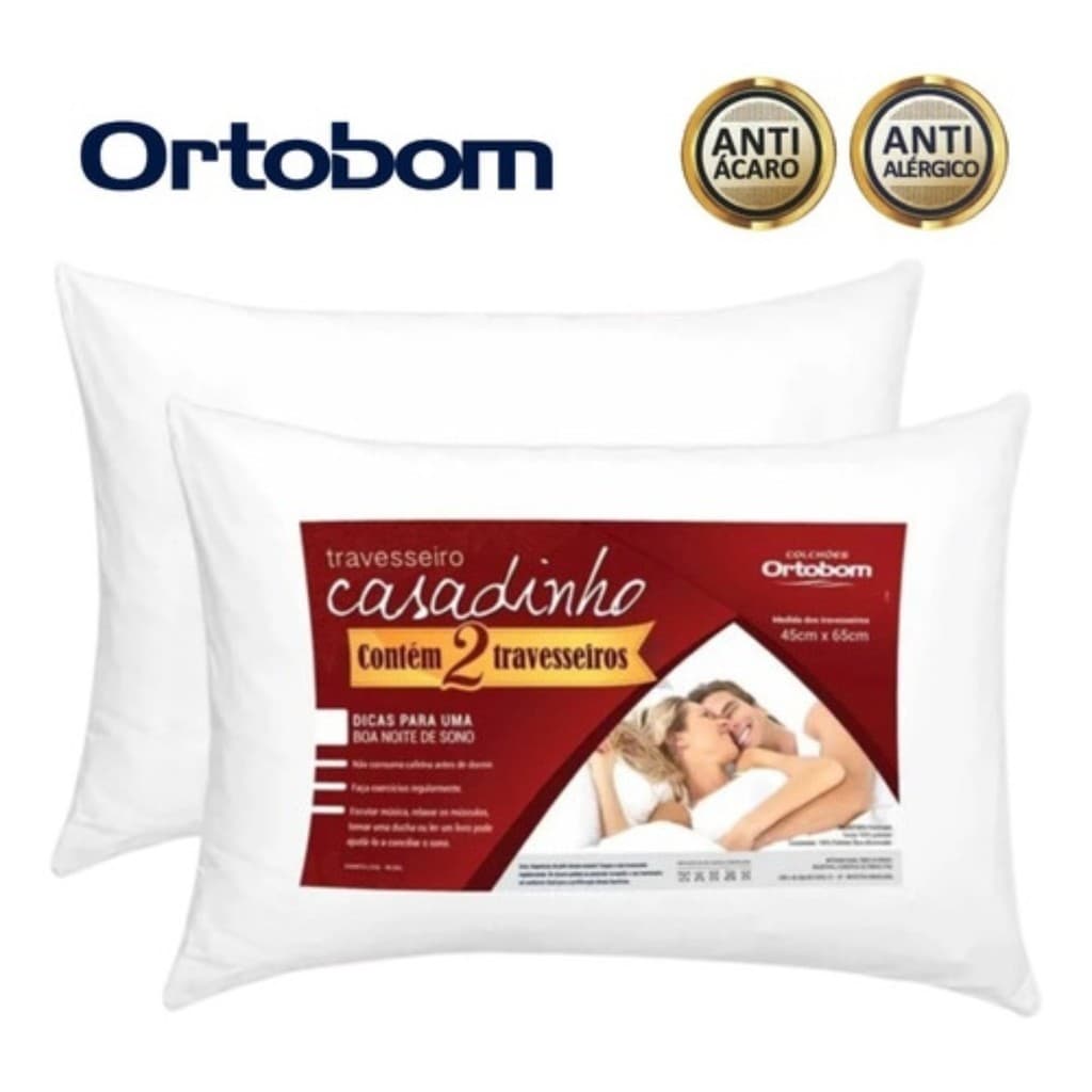 Kit 2 Travesseiros Ortobom Casadinho 65x45cm Antialérgico Macio P/ Casal Lavável Suporte Confortável