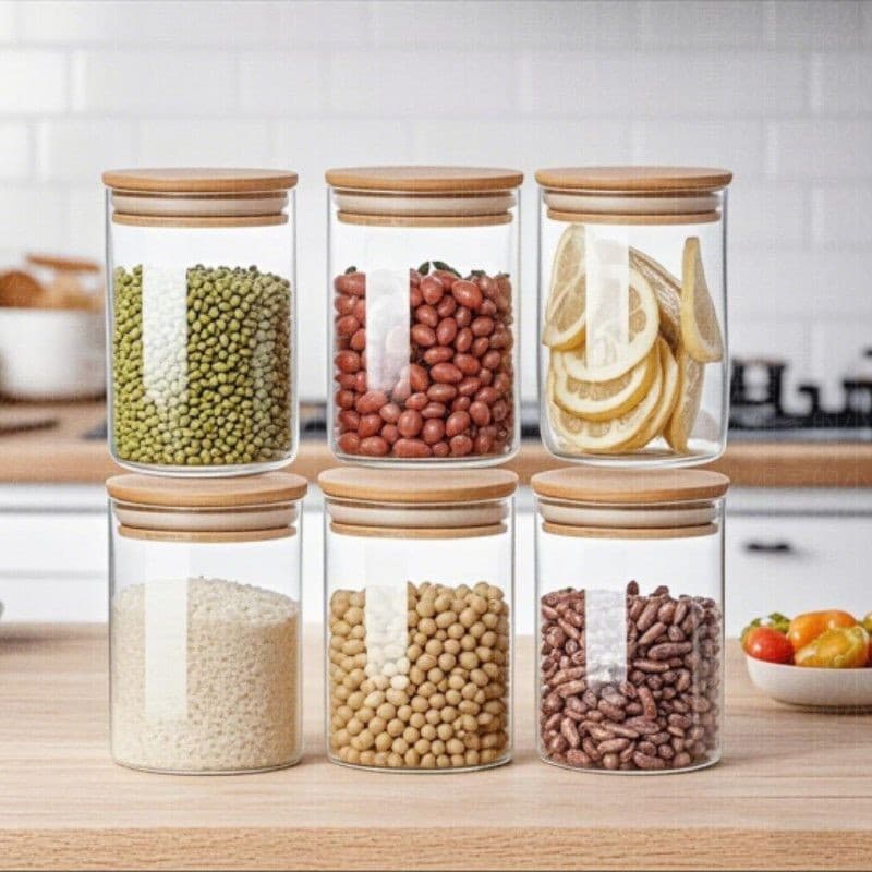 Kit Potes Vidro Resistente Hermético Anti Umidade Anti Vazamento Tampa Bambu 200ml Para Alimentos Especiarias Grãos