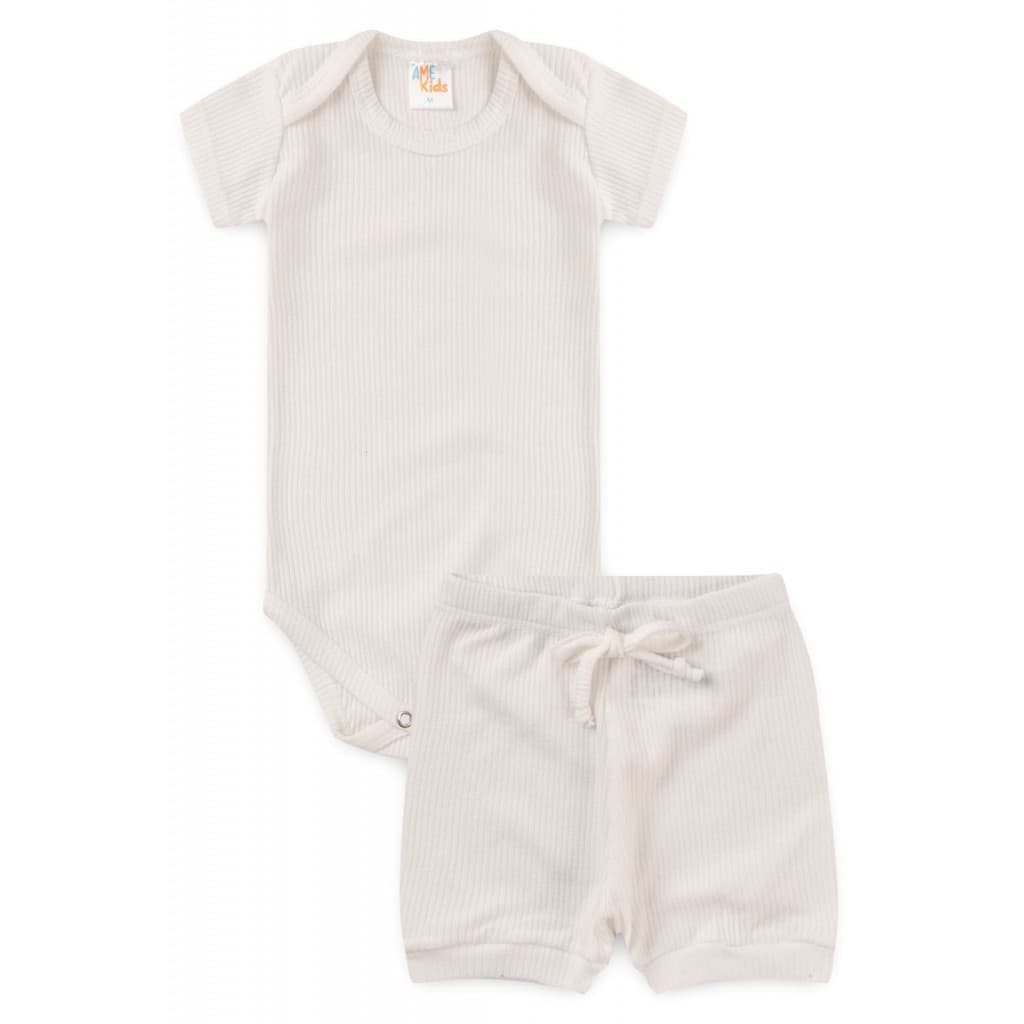 Conjunto Body Infantil Unissex Canelado Light Curto Off-white