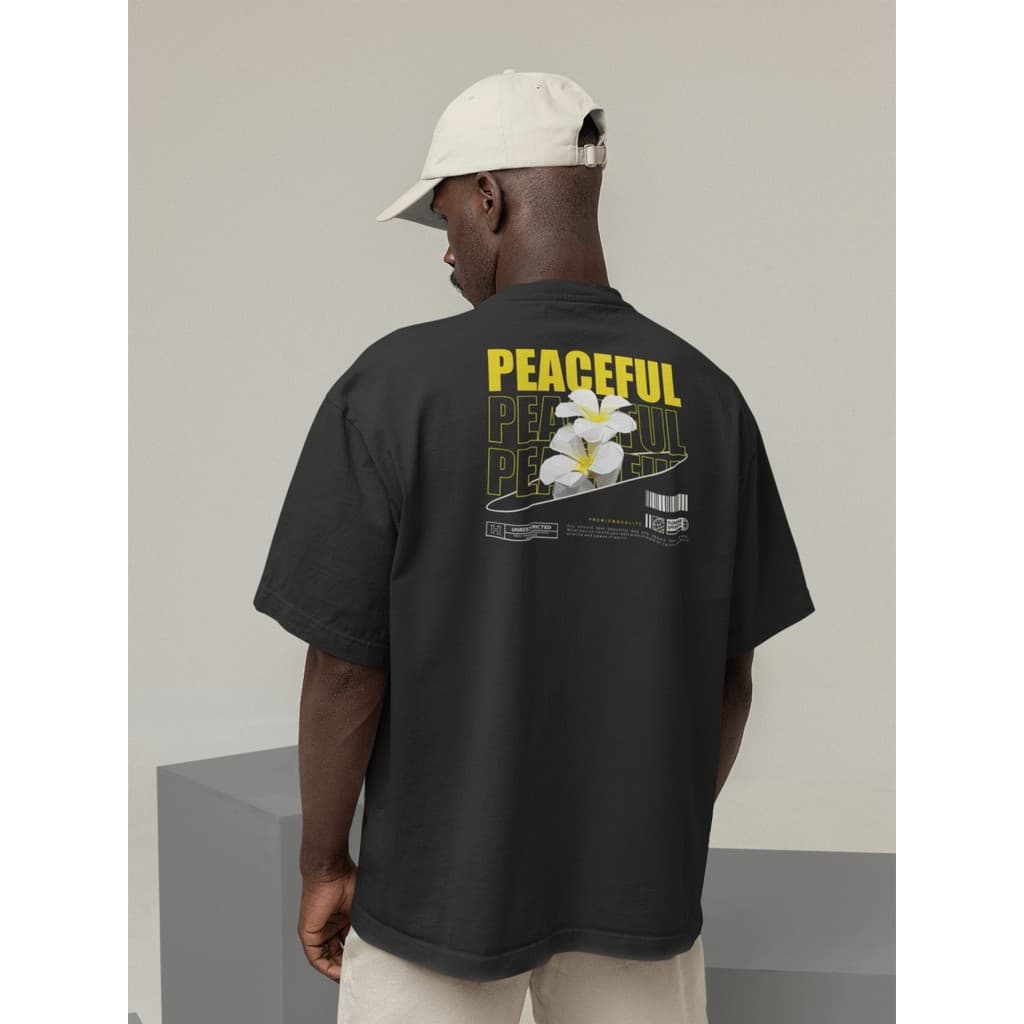 Camisa Camiseta Oversize Streetwear Masculino e Feminino Treino e Dia a Dia Preto e Off Whte Estampado - PEACEFUL