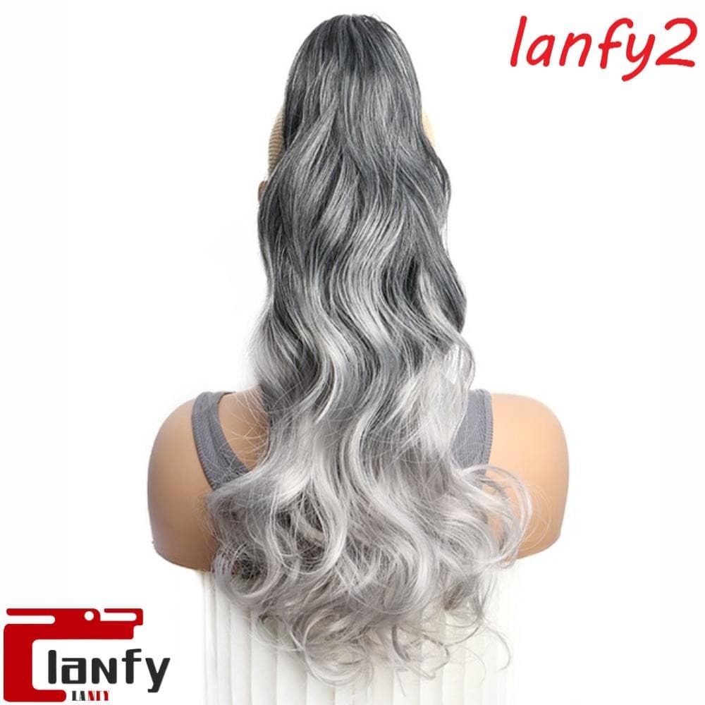 LANFY Rabo De Cavalo Longo Ondulado Encaracolado , Extensão De Cabelo Fofo Cinza Gradiente Peruca , De Cauda Natural