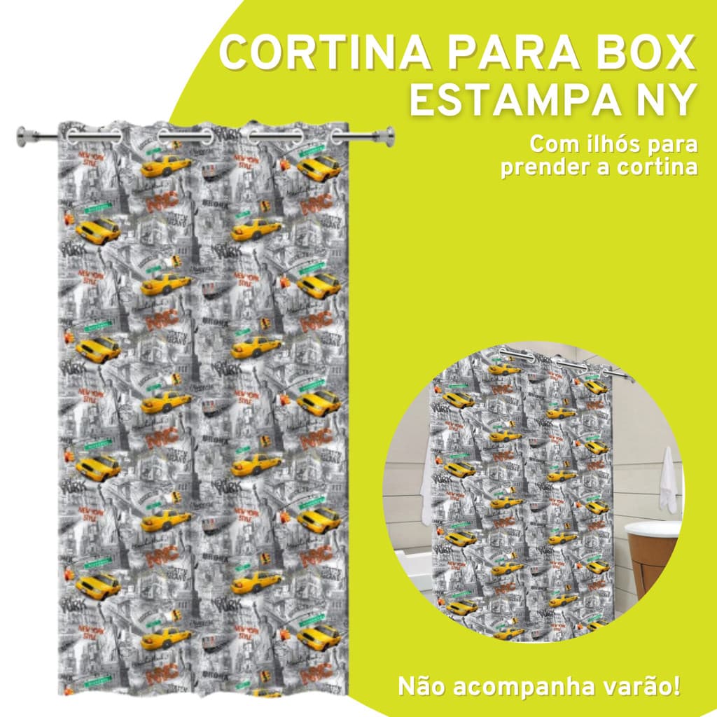 Cortina de Box Com Ganchos antimofo resistente fácil instalação banheiro banho chuveiro Estampada NY