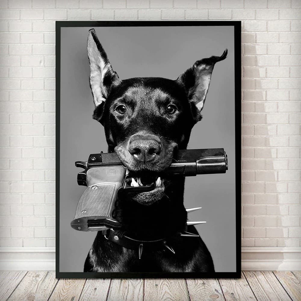 Quadro decorativo 40x60 moderno preto branco arma moda luxo cachorro para sala quarto