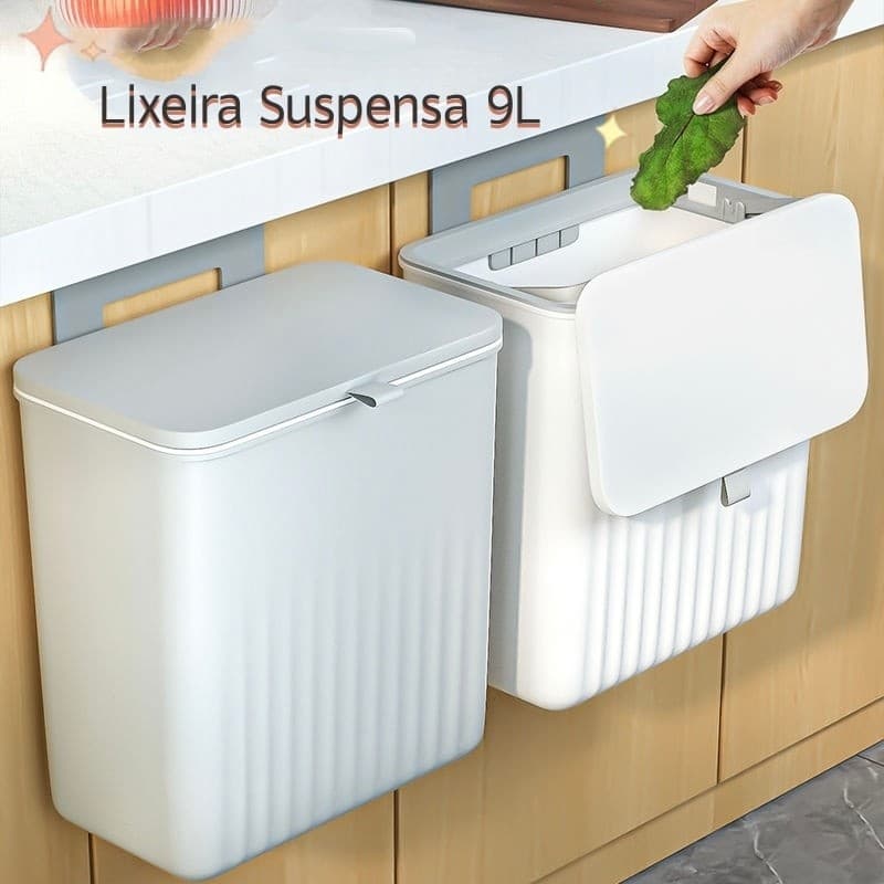 Lixeira Suspensa 9 Litros Com Tampa Com Suporte Alto Adesivo Alça De Pentura Para Cozinha Banheiro.