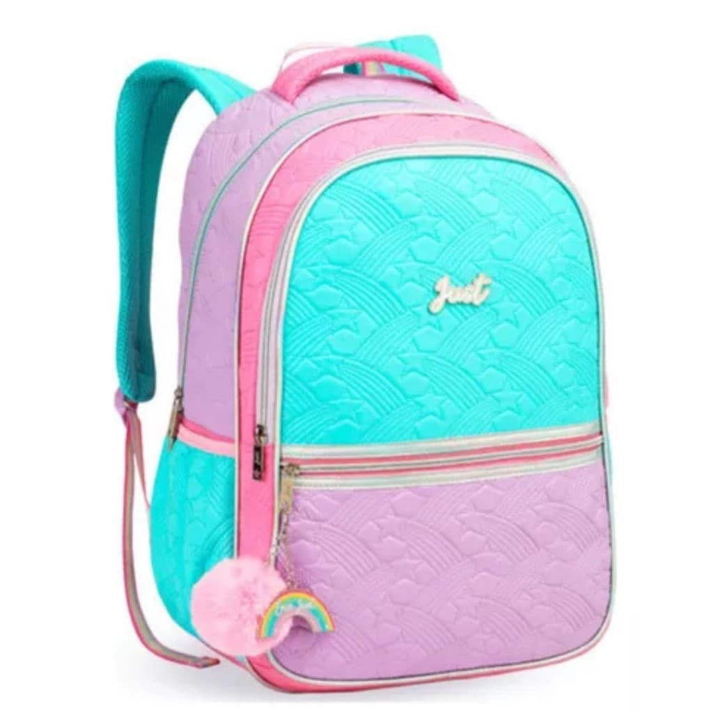 Mochila Costas Infantil Juvenil Love Estrelas Pompom Chaveiro Escolar Just Menina Denlex