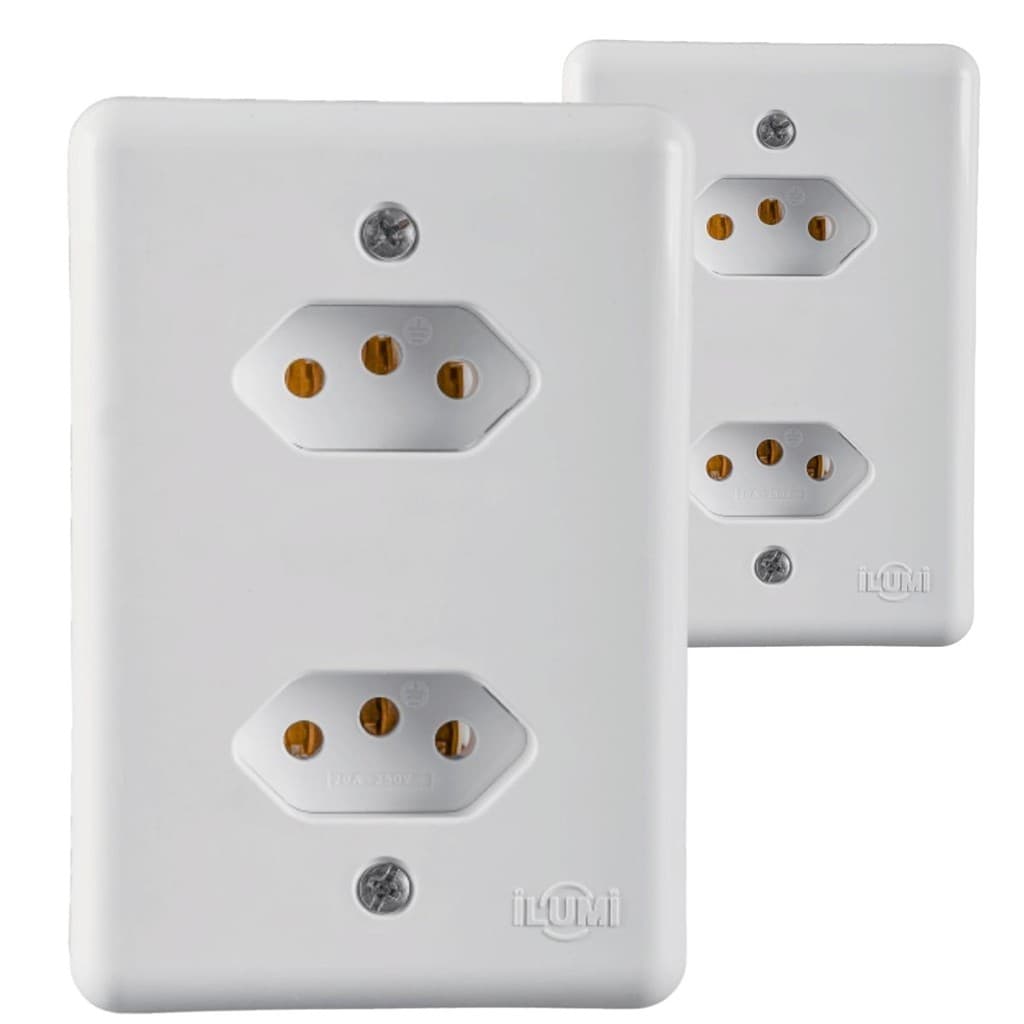 KIT 2 Tomada Dupla Monobloco 10a Ilumi 3 Pinos Branco Stylus