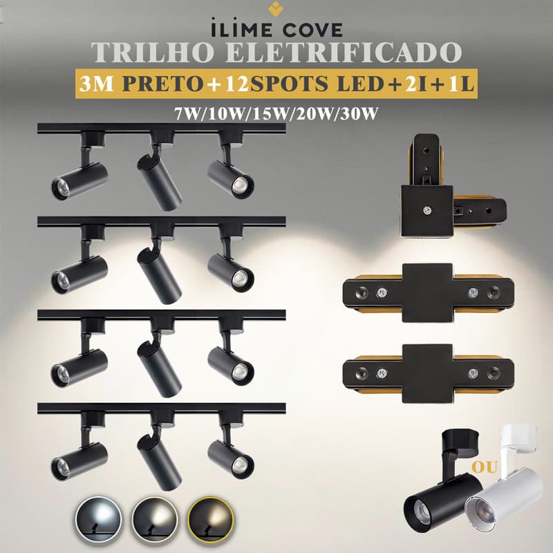 Luxuoso Spot LED Trilho Eletrificado Kit 4M +12 Spots 2I +1L Cor Preto Branco Bivolt 7W A 30W