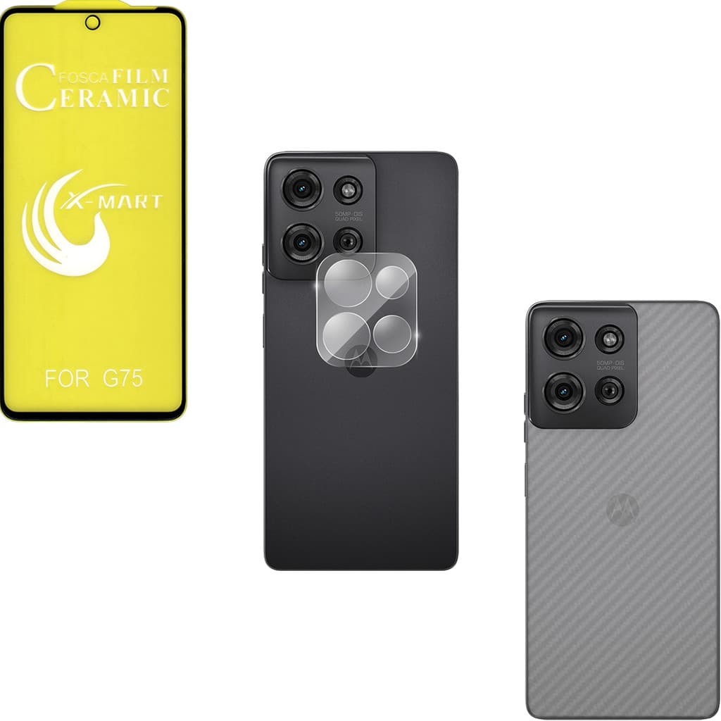 Película Cerâmica Fosca + Película Câmera Vidro + Película Traseira Carbono Para Moto G75 5G