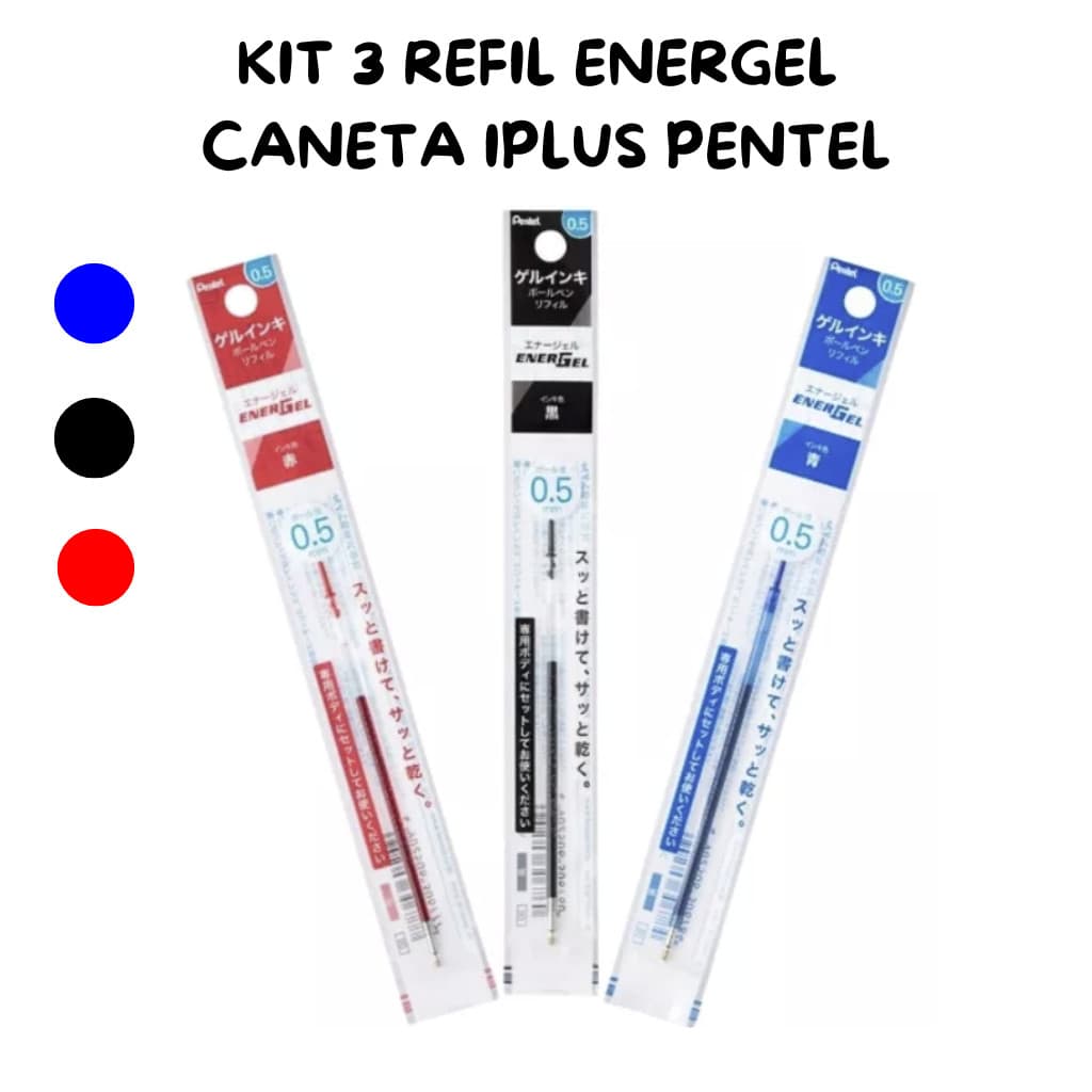 Kit com 3 Refil Carga Caneta Energel Iplus Multifuncional Pentel