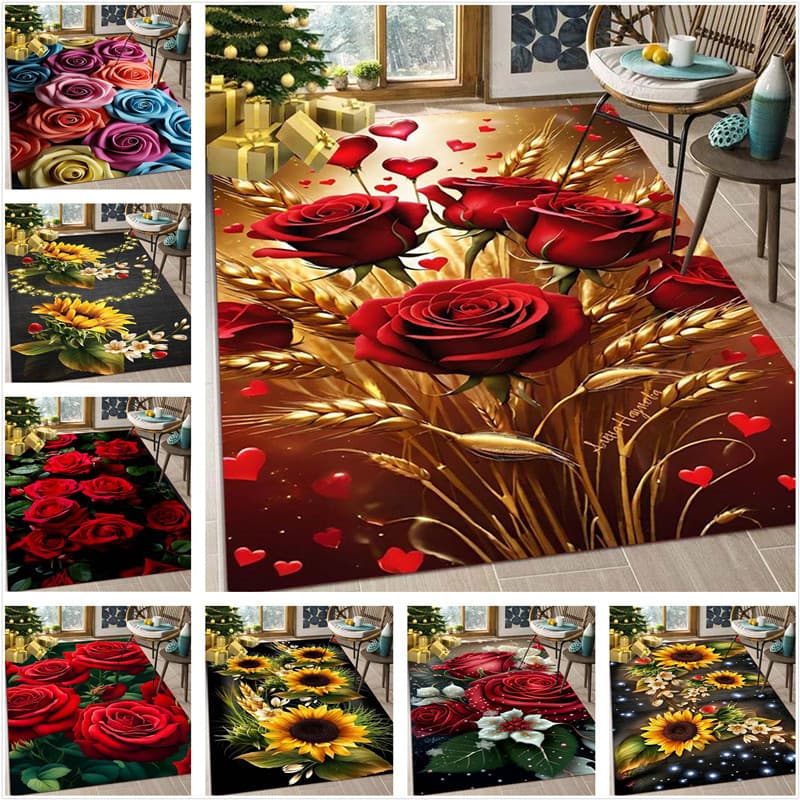 Rosa Vermelha , Girassol Dourado , Tapete Impresso Em 3D , Área De Sofá De Sala De Estar Casa De Flores Pequenas Porta D