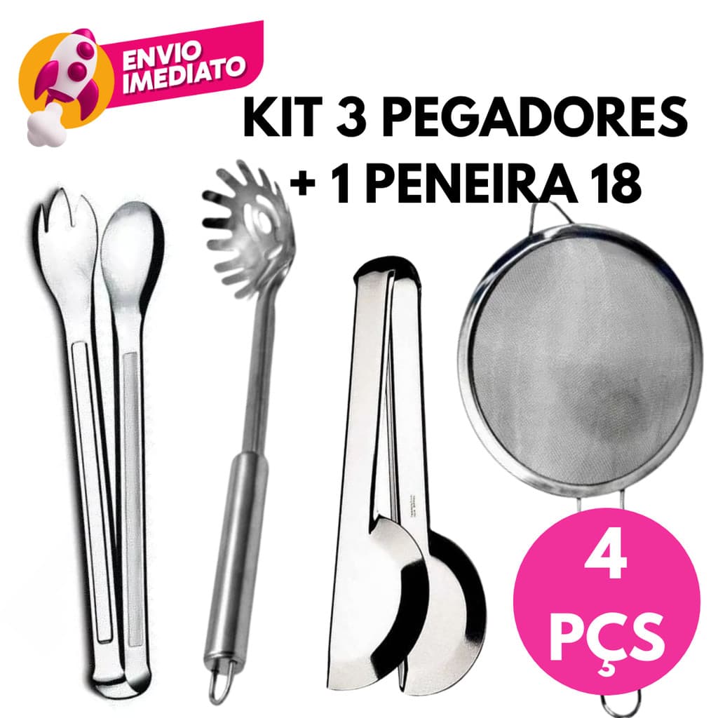 Kit 04 Pç Conjunto Pegador Massa Salada Universal Inox Peneira 18Cm Cozinha Restaurante