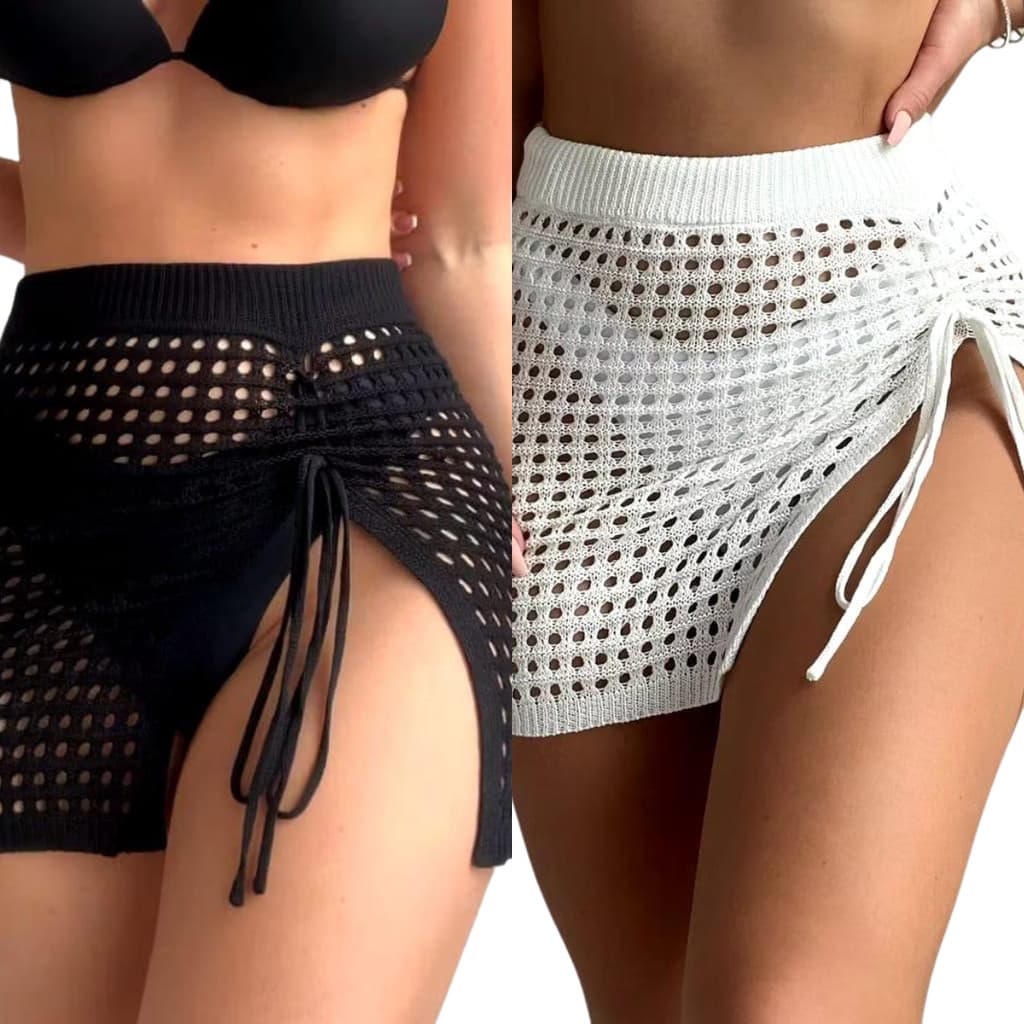 SAIA DE PRAIA FEMININO KIT 2 UNIDADES TRICOT CROCHE FENDA