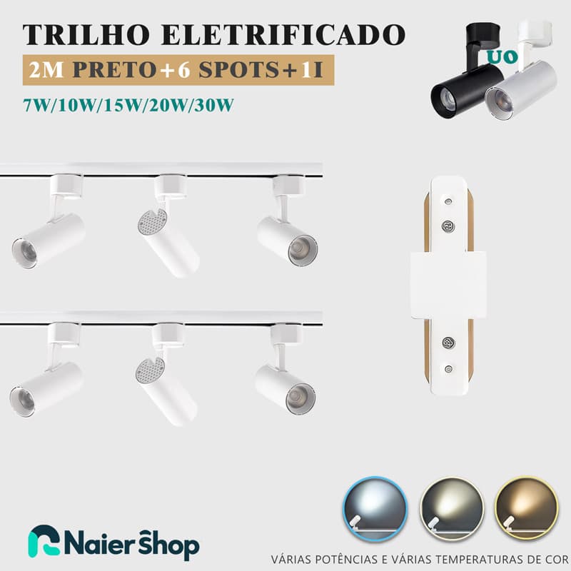 Kit Trilho Spot LED Eletrificado 2M + 6Spots Led + 1Tipo I Conector Cor Preto Branco Bivolt 7W a 30W