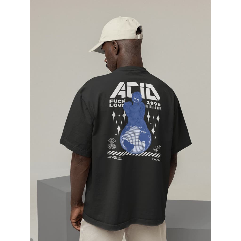 Camiseta Oversize Gola Alta Streetwear Masculino e Feminino 100% Algodão Treino e Dia a Dia Preto Off Whte Estampa ACID