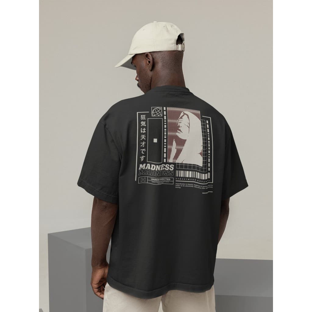 Camisa Camiseta Oversize Streetwear Masculino e Feminino Treino e Dia a Dia Preto e Off Whte Estampado - MADNESS