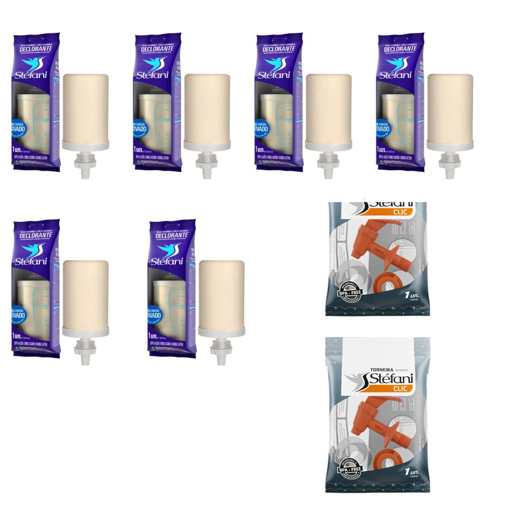 Kit 06 un Vela Stéfani Declorante Dupla Ação Carvão Ativado + 02 un Torneira Original Stéfani Clic