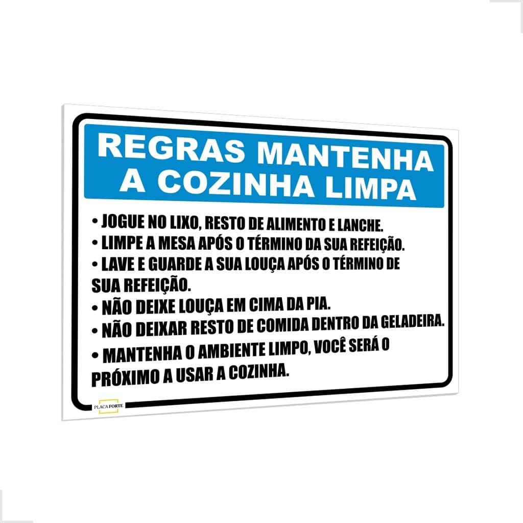 Placa De Regras P/ Cozinha Mantenha O Ambiente Limpo 25x18cm PS 1mm