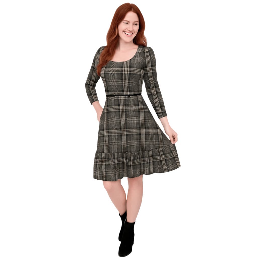 Vestido Feminino Midi Xadrez Manga Longa e Babado