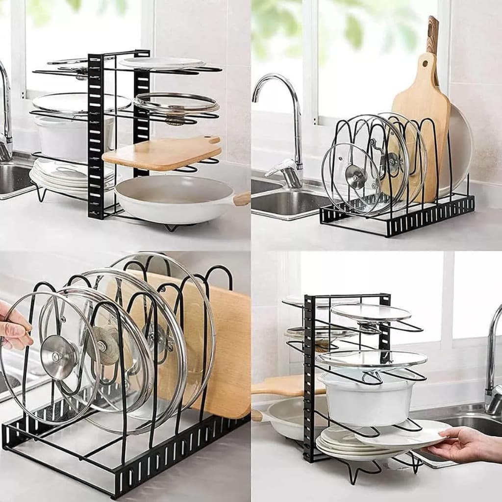 Panelas Concha Talheres Rack Ajustável Organizador Prateleira Tampa Prato Cozinha Armário Suporte