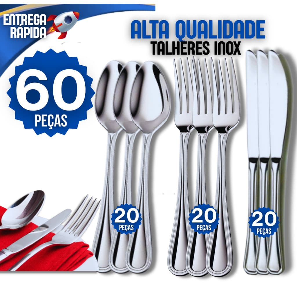 Kit  20 30 Ou 60 Talheres 100% Inox 20 Garfo 20 Faca 20 Colher Premium Cozinha Buffet Restaurante Casa Mesa