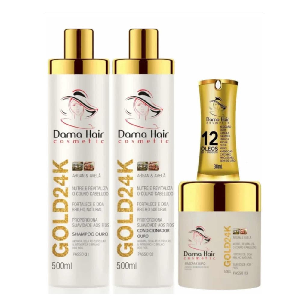 Kit Dama Hair Ouro Com Reparador 12 Óleos 4 Passos