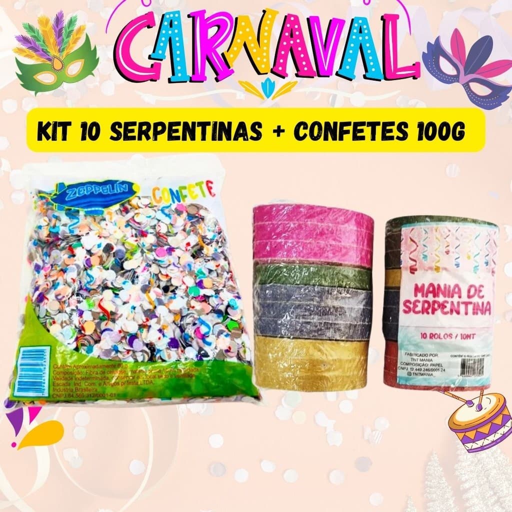 Kit Carnaval Confete Colorido + Serpentina Folia Bloquinho De Carnaval Festa Diversão Menino Menina
