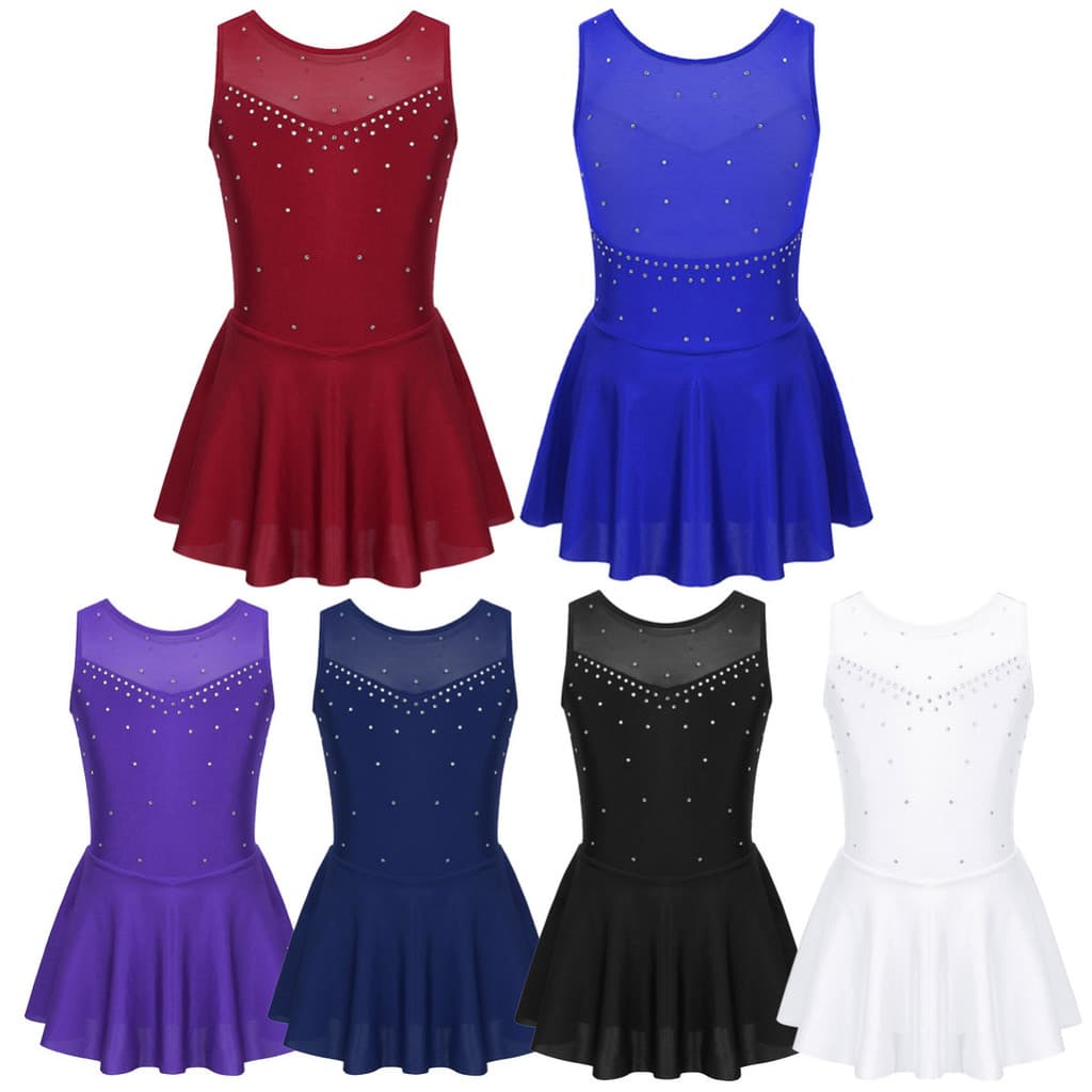 MSemis Kids Girls Sleeveless Sparkly Rhinestone Tulle Back Figure Ice Skating Roller Skating Ballet Dance Leotard Dress