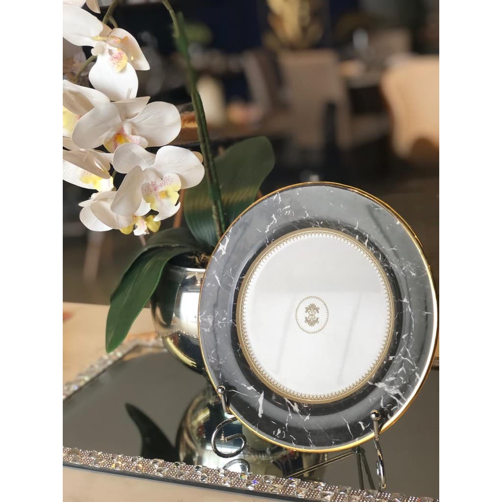 PRATO SOBREMESA MARBLE PRETO FILETE OURO 1O CLASSIFIC.