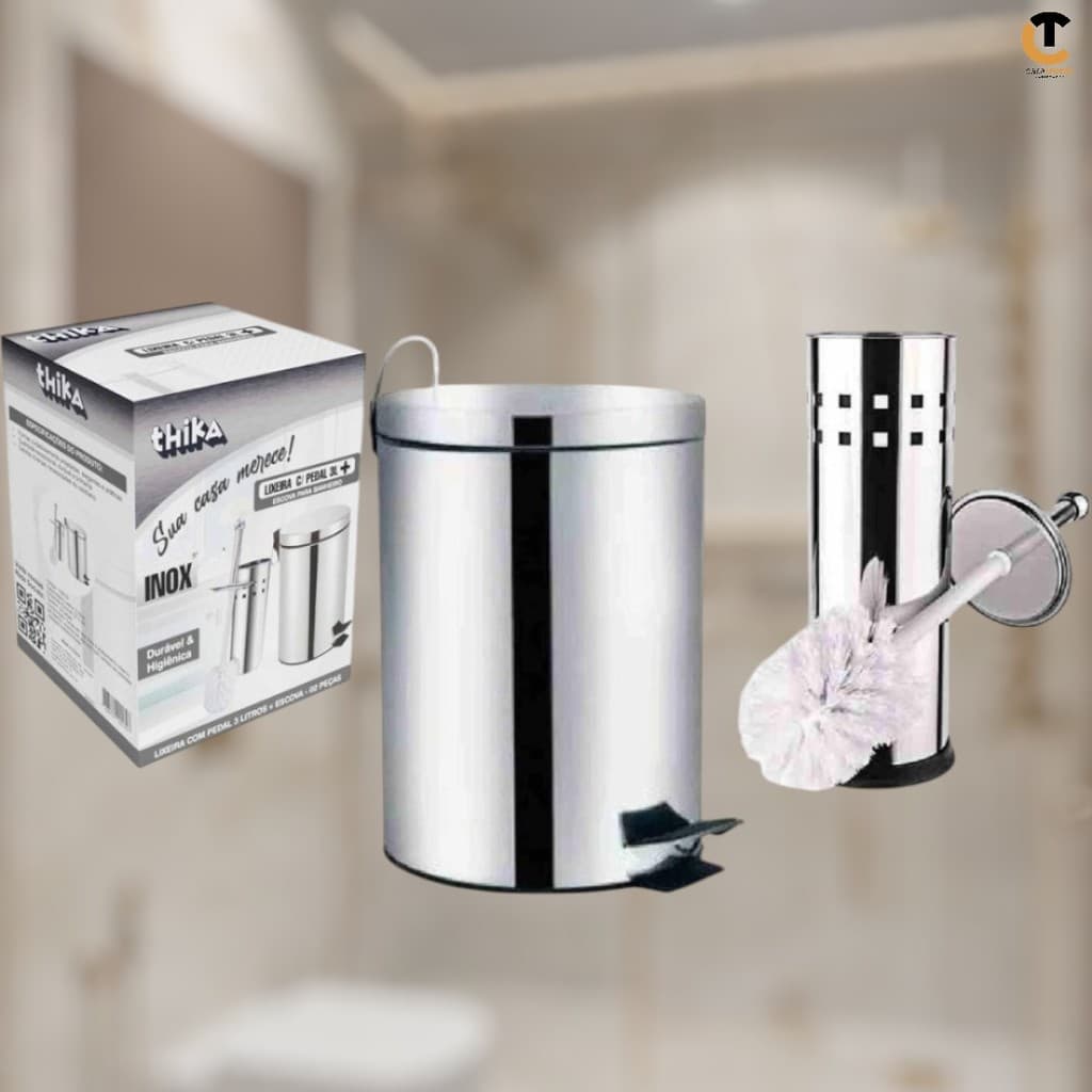 Kit Lixeira Banheiro Aço Inox Com Pedal 3 Litros + Escova Sanitária