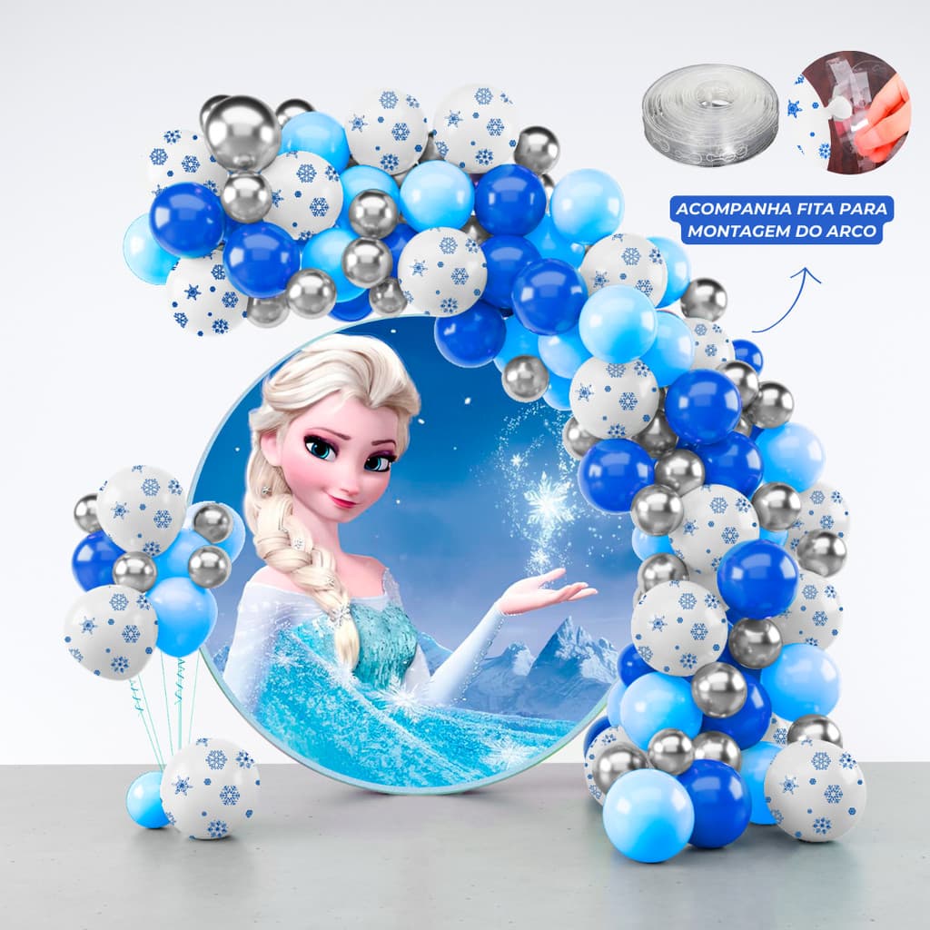Kit 150 Balões Festa Frozen  + Fita Arco - Balão Bexiga Liso/Cromado Para Aniversários