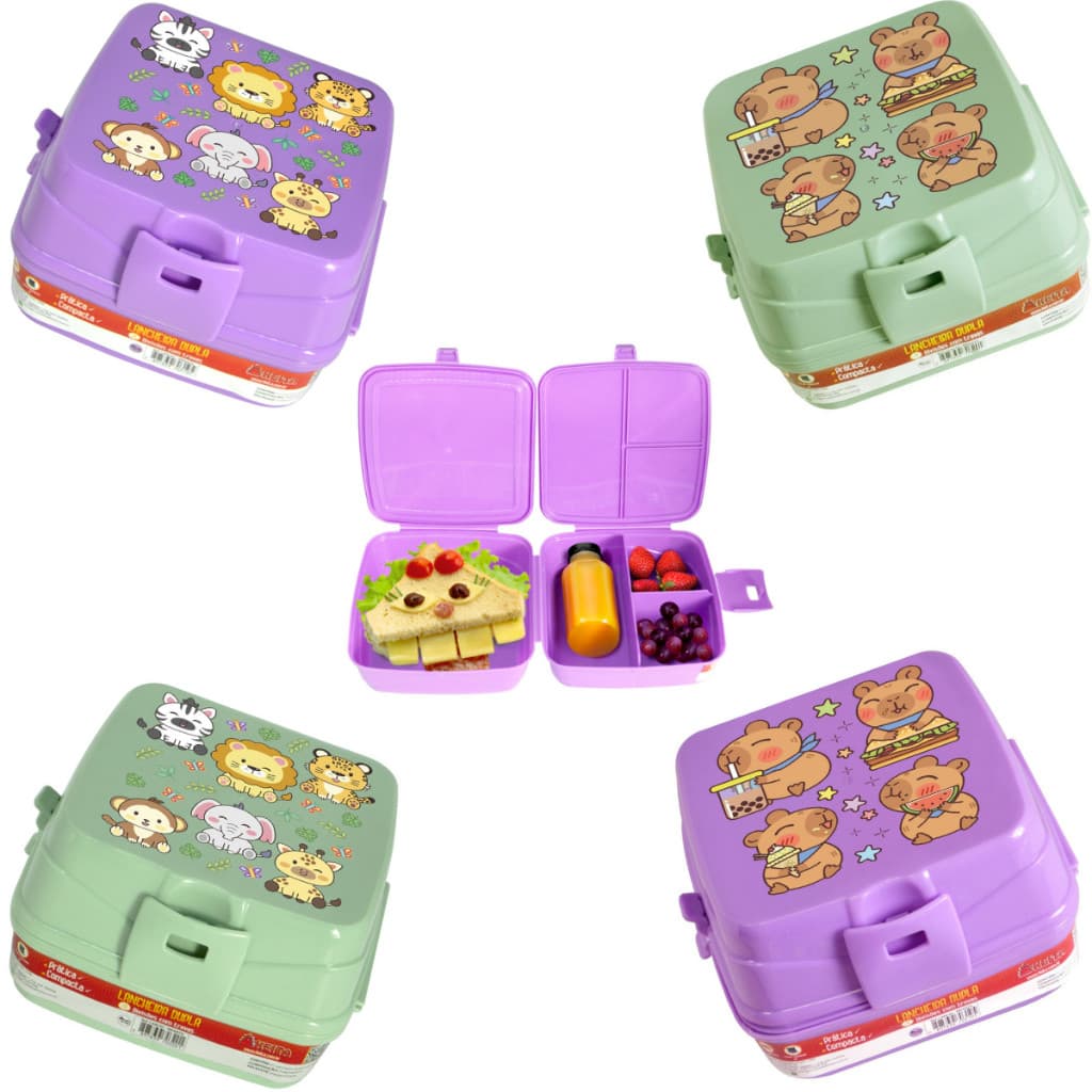Lancheira Dupla com 4 Divisórias Infantil Safari Capivara e Lanche Marmita Lanche Escolar Marmitinha