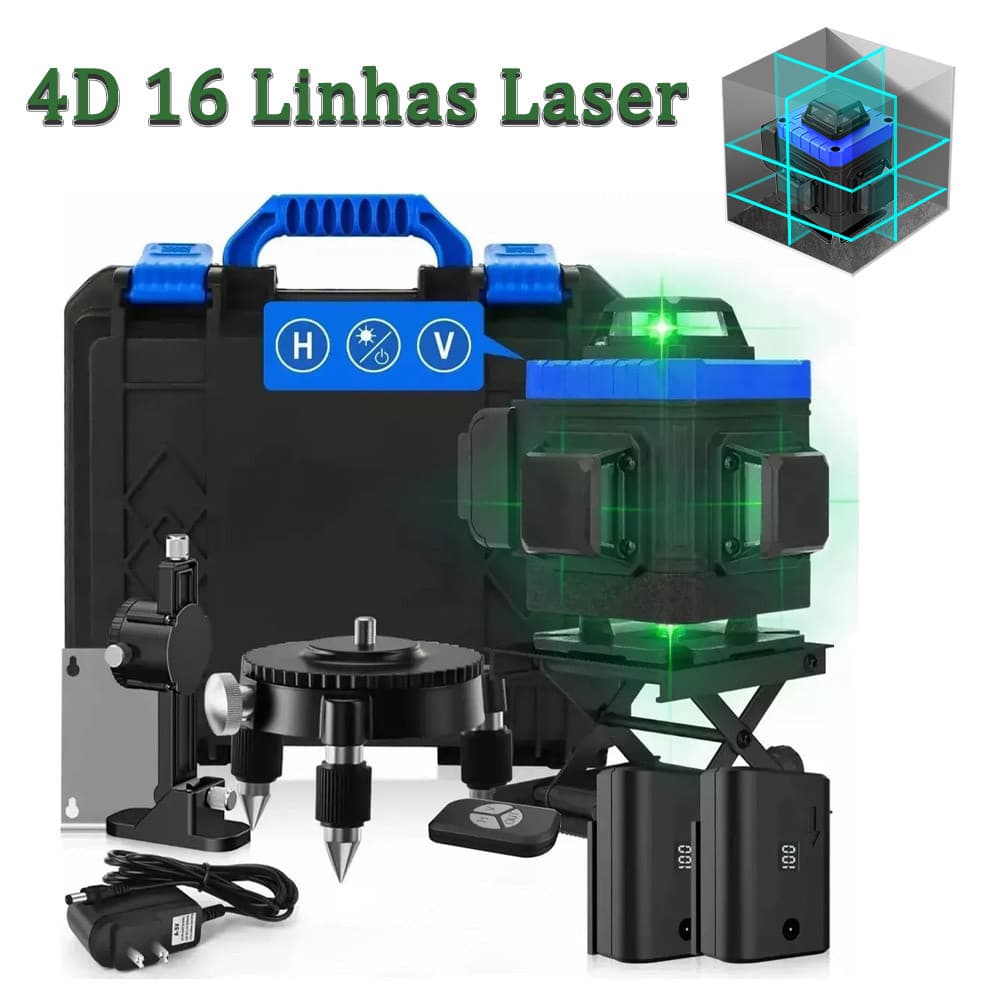 Nível De Laser Verde 4D De 16 Linhas Com Suporte E Duas Baterias