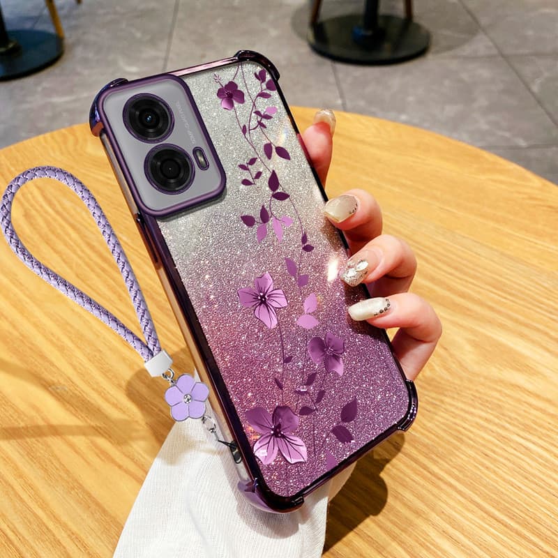 Para Motorola Moto G54 G84 E13 Escalada Videira Planta Com Flor Pendurado Corda Caso Do Telefone Anti Queda Glitter Pó C