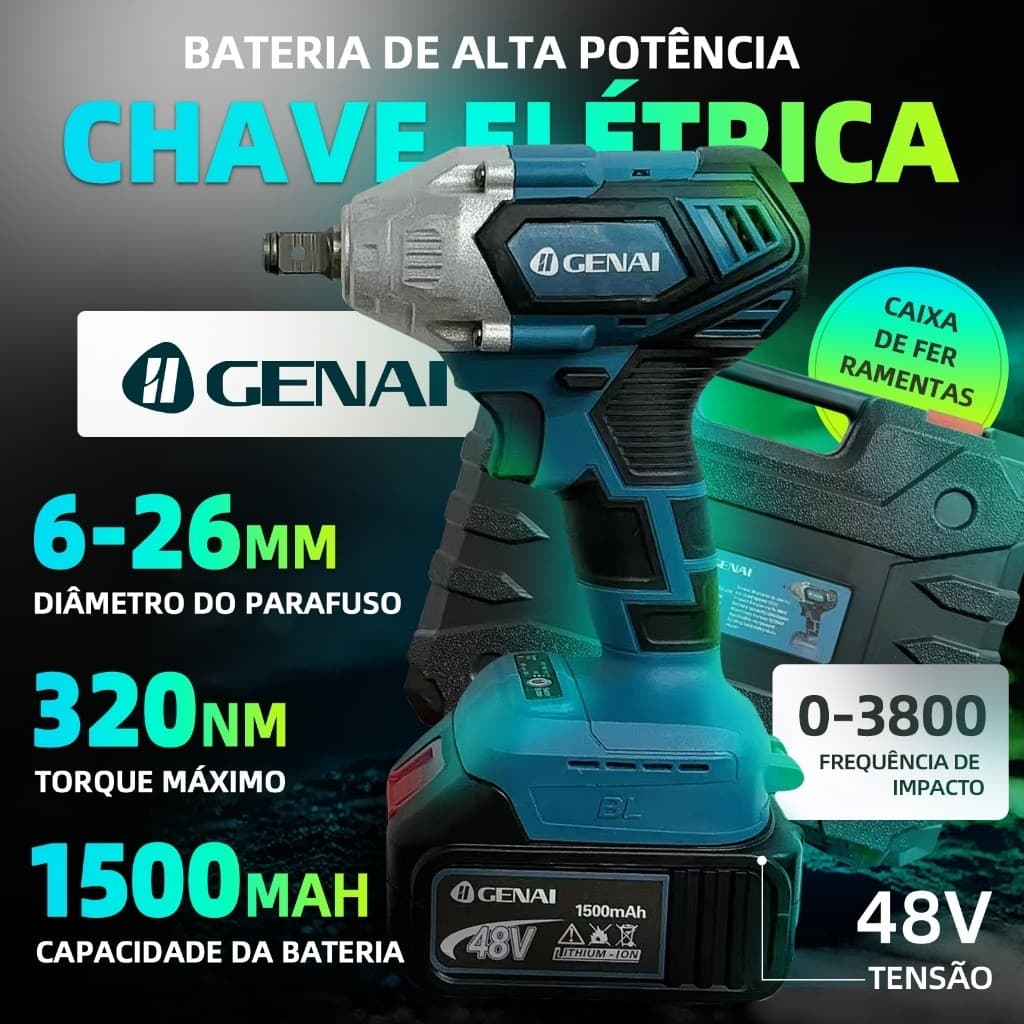 Chave De Impacto Parafusadeira Furadeira 01 Baterias 48v 320Nm