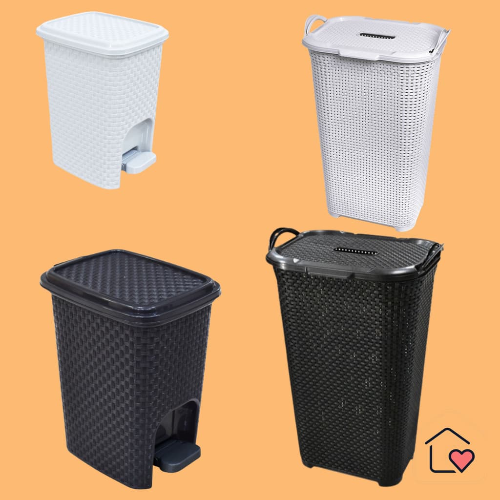 Kit Casa Cozinha Cesto de Roupas 50 litros e Lixeira 7 litros Preto ou Branco Modelos Rattan