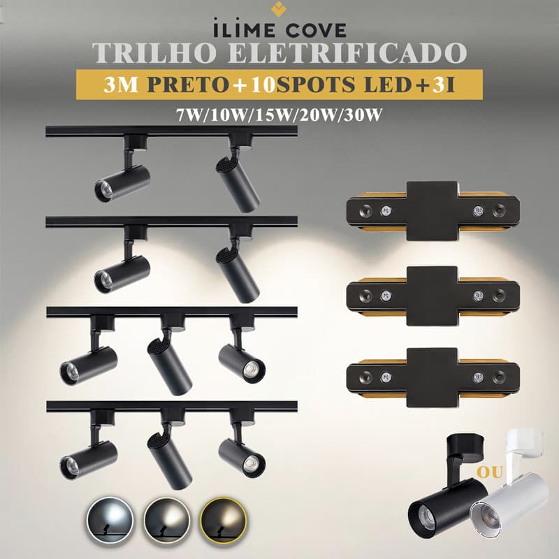 Luxuoso Spot LED Trilho Eletrificado Kit 4M Preto +10Spots 3-Tipo I Cor Preto Branco Bivolt 7W a 30W