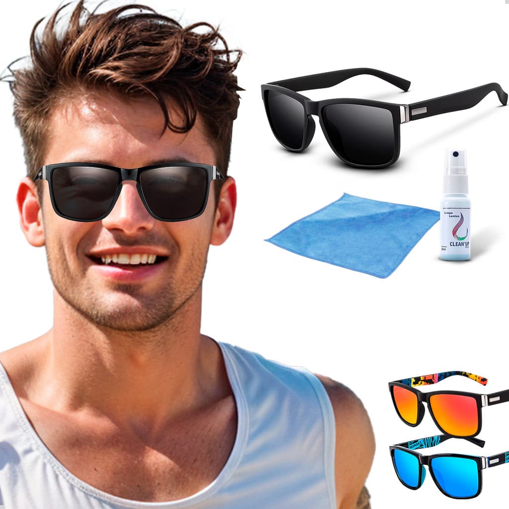 Kit Oculos De Sol Esportivo Casual + Spray Limpa Lentes Multiuso