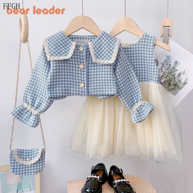 Conjunto de Roupas para Meninas Bear Leader 2-6 Anos Primavera Outono Colete de Malha Lisa + Casaco + Calças 3 Peças Fes