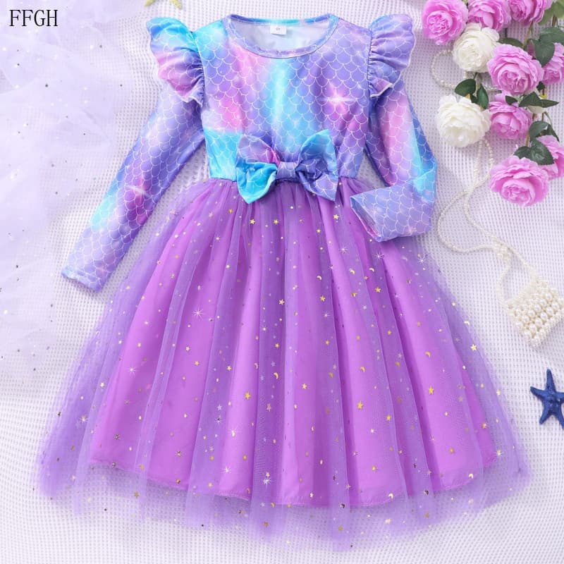 Vestido de Sereia de Manga Longa para Meninas Primavera Outono Roxo com Laço Casual Fofo Doce para Bebês YYKG