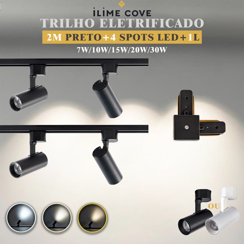 Luxuoso Spot LED Trilho Eletrificado Kit 2M Preto+4Spots um Tipo L Cor Preto Branco Bivolt 7W a 30W