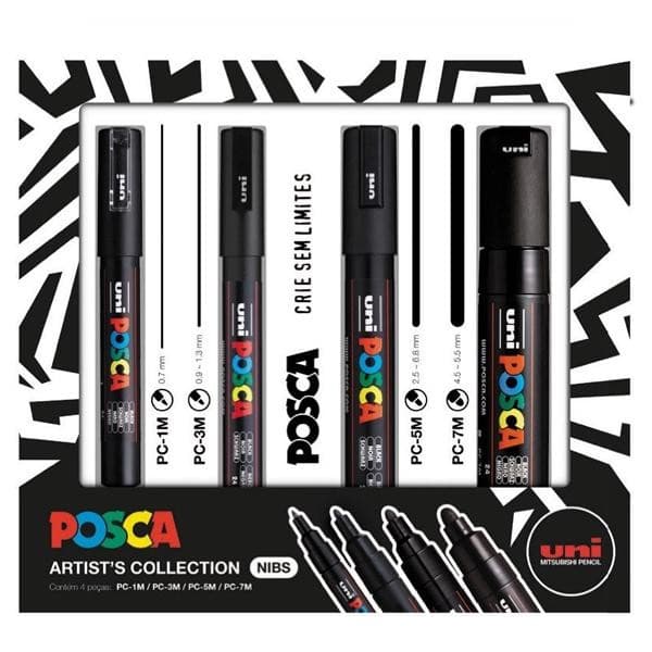 Caneta Uni Posca Artists Collection Preta Com 4 - Uni-Ball