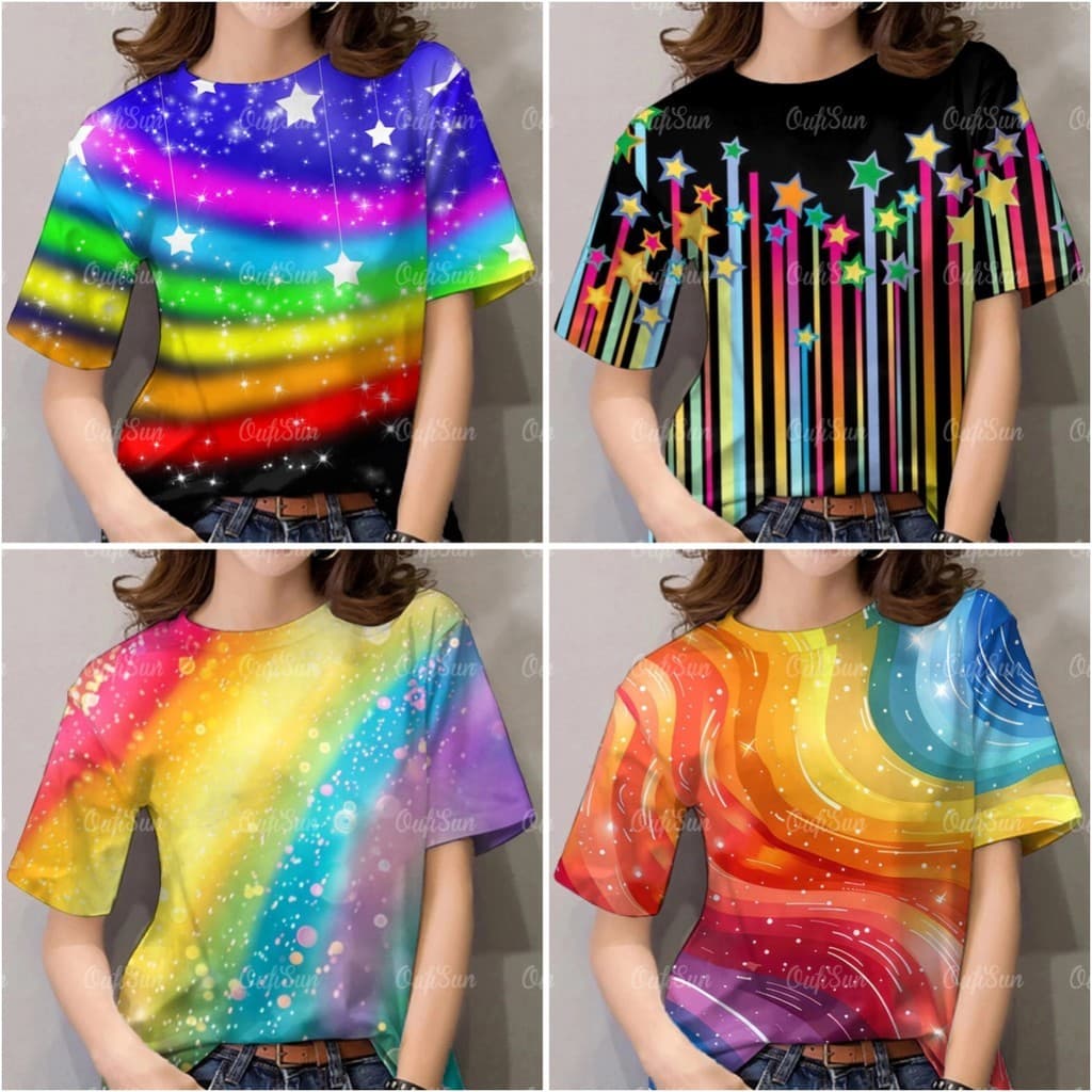 Camiseta Arco-Íris Para Mulheres , Top De Manga Curta Com Estampa De Estrela Colorida , Camisa Pulôver Elegante De Rua T