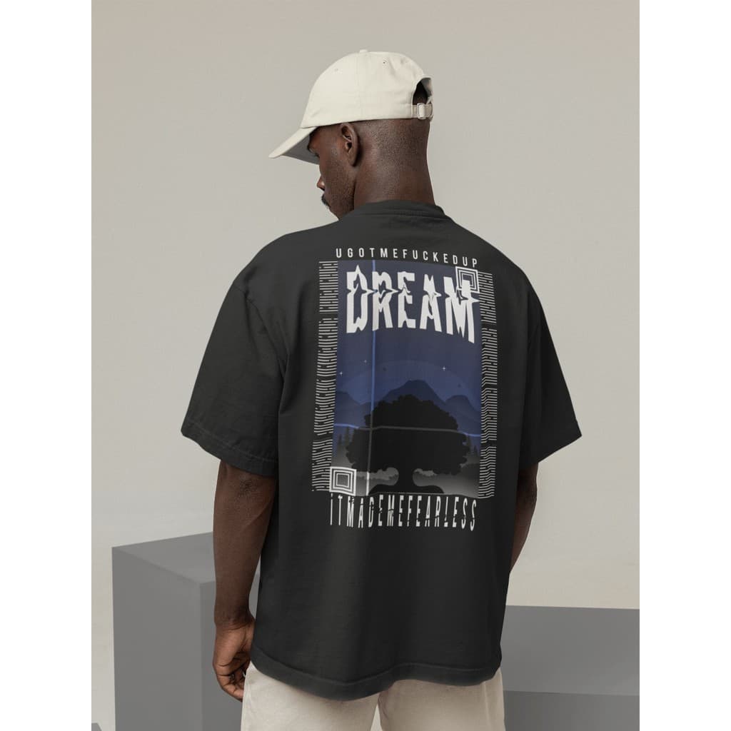 Camiseta Oversize Streetwear Masculino e Feminino 100% Algodão Treino e Dia a Dia Preto e Off Whte Estampado - Dream