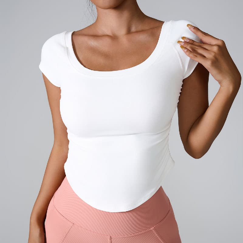 Camiseta esportiva justa feminina, roupa de fitness para corrida, secagem rápida, manga curta, fina, nude, roupa de ioga