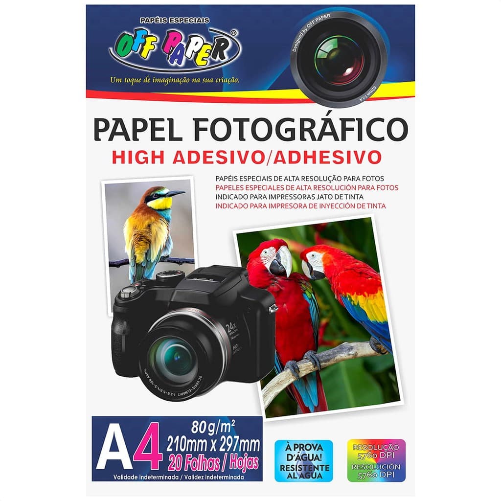 Papel Fotográfico Adesivo A4 80g High Glossy Branco Alta Resolução Off Paper 20 Folhas