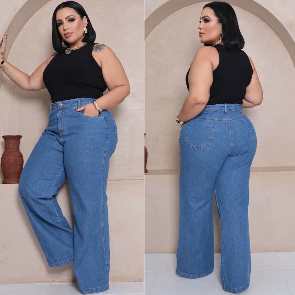 Calça Jeans Wide Leg Plus Size Feminina Sem Elastano Cintura Alta