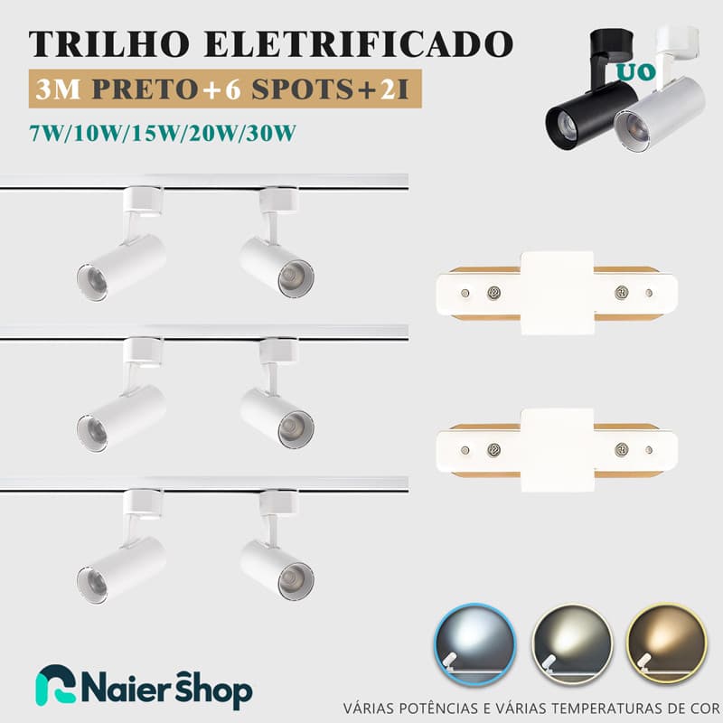 Kit Trilho Spot LED Eletrificado 3M + 6Spots Led + 2 I Conector Cor Preto Branco Bivolt 7W a 30W