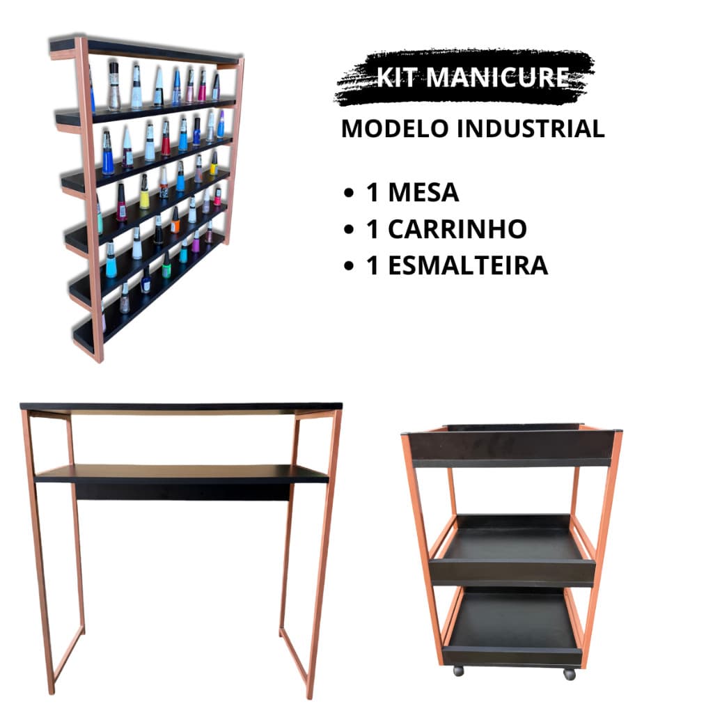 Kit Manicure Mesa +Carrinho Auxiliar + Esmalteira Modelo industrial Varias cores